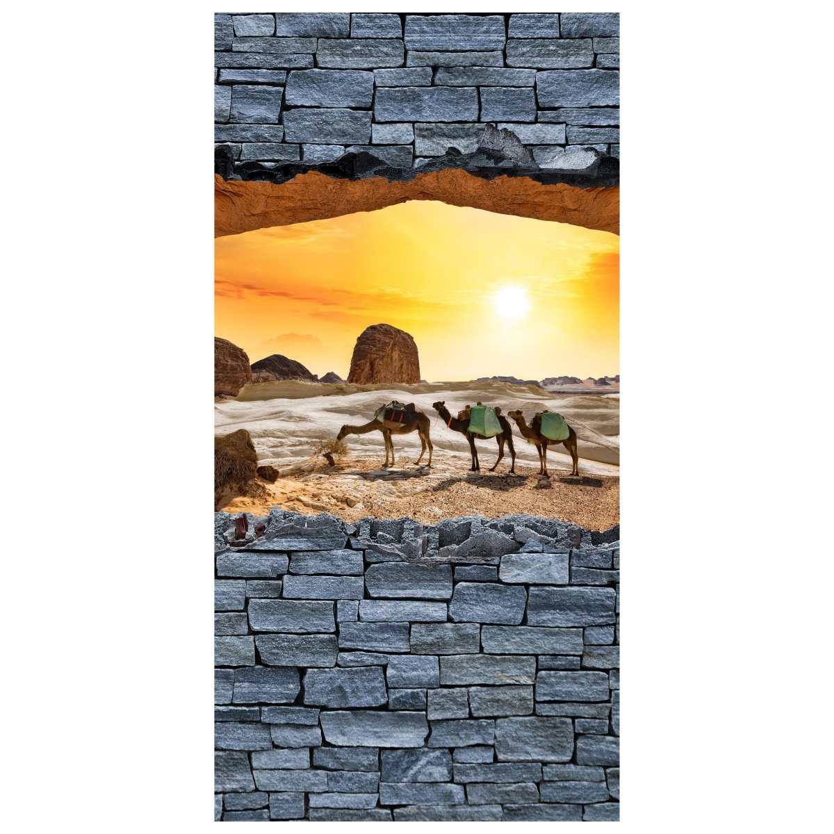 Türtapete 3D Kamele in der Wüste- grobe Steinmauer M0643 - Bild 2