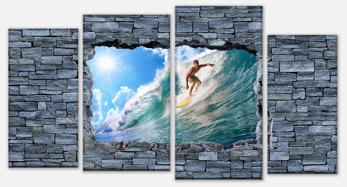 Leinwandbild Mehrteiler 3D Surfing- grobe Steinmauer M0644