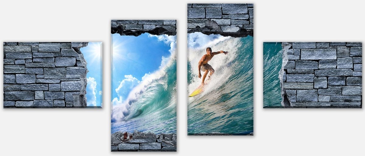 Leinwandbild Mehrteiler 3D Surfing- grobe Steinmauer M0644