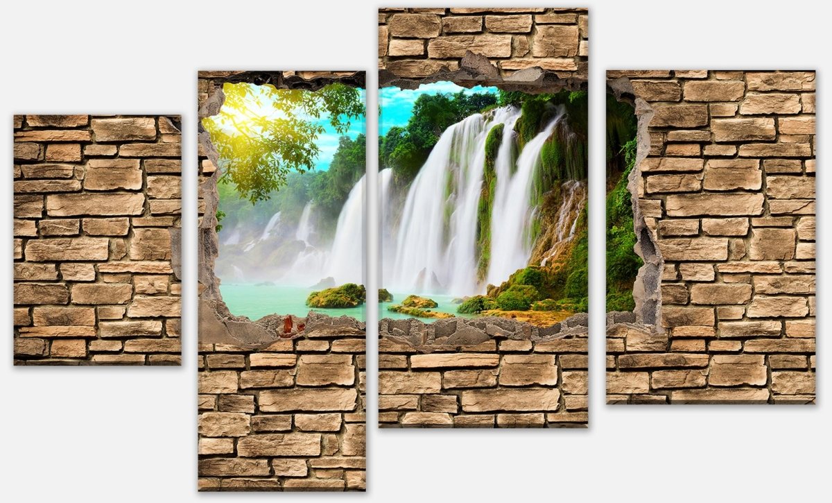 Leinwandbild Mehrteiler 3D Wasserfall - Steinmauer M0645