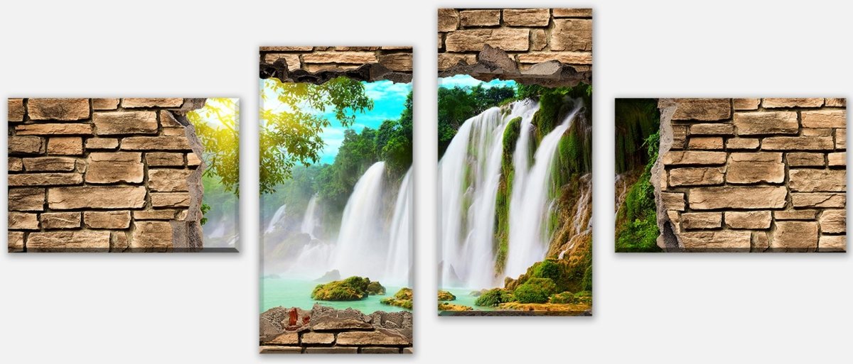 Leinwandbild Mehrteiler 3D Wasserfall - Steinmauer M0645