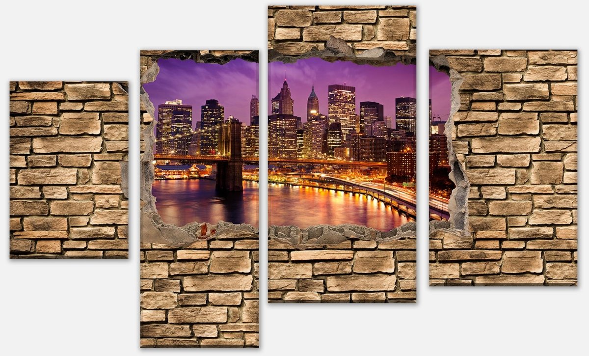 Impression sur toile 3D New York la nuit - mur de pierre M0648