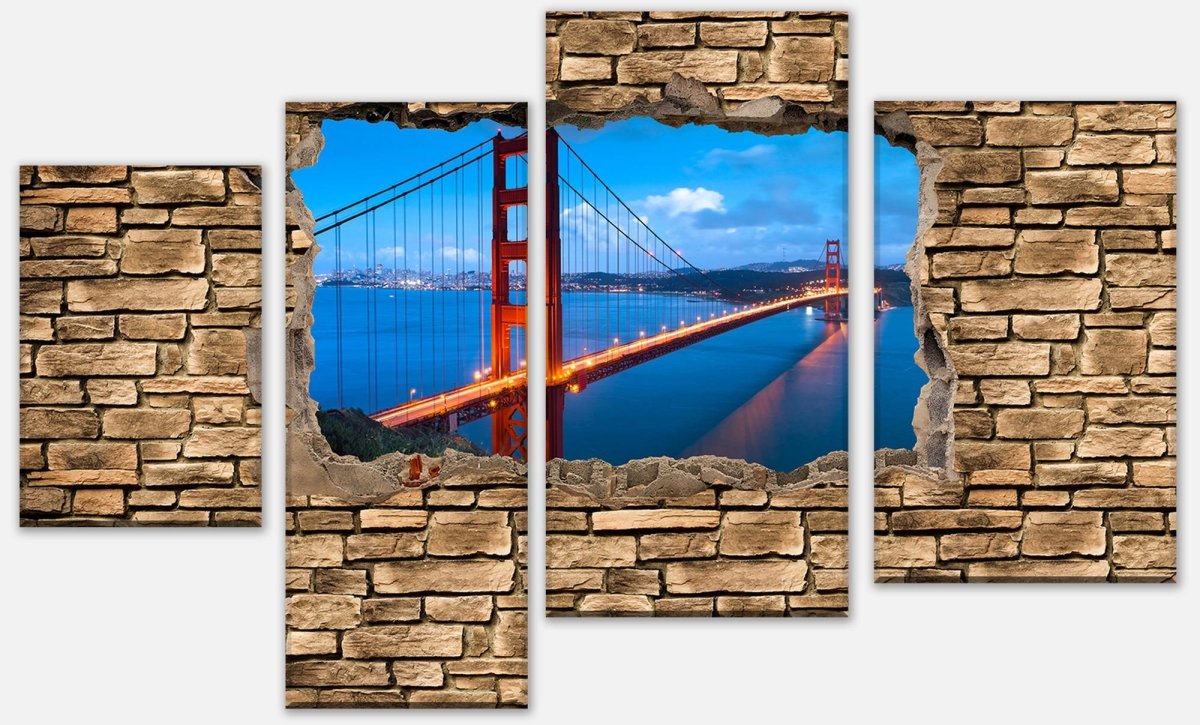 Leinwandbild Mehrteiler 3D Golden Gate Brigde in San Francisco - Steinmauer M0649