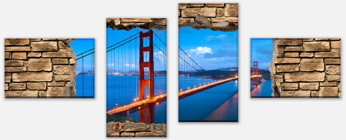 Leinwandbild Mehrteiler 3D Golden Gate Brigde in San Francisco - Steinmauer M0649