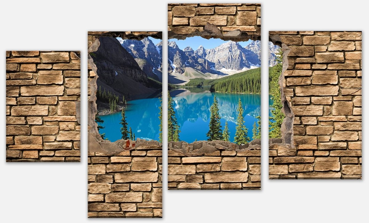 Leinwandbild Mehrteiler 3D Moraine Lake Kanada - Steinmauer M0650