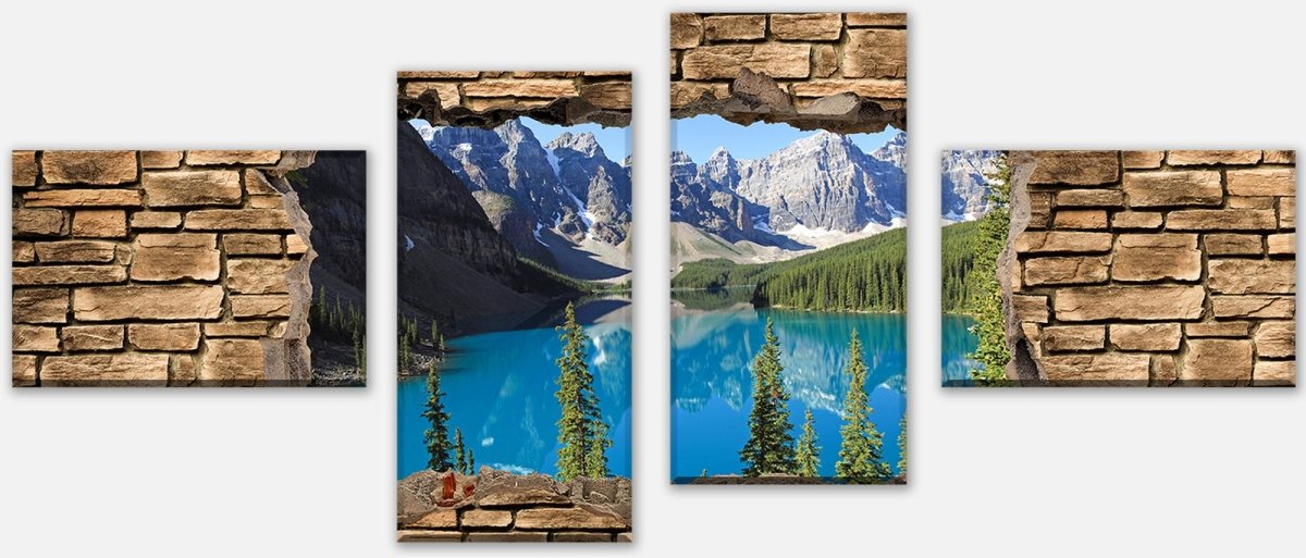 Leinwandbild Mehrteiler 3D Moraine Lake Kanada - Steinmauer M0650