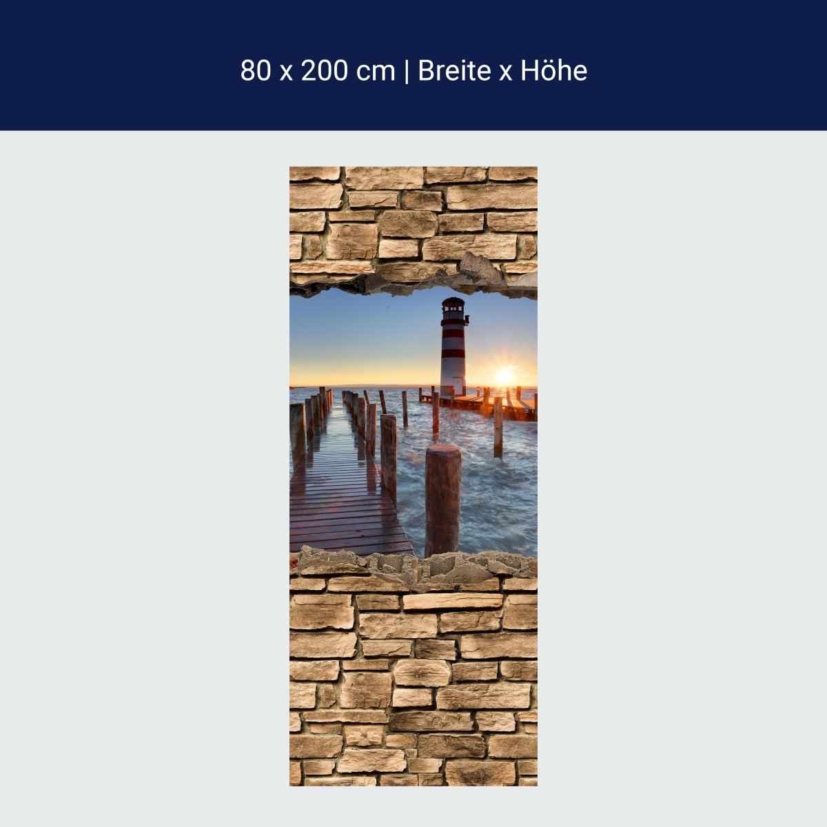 Shower screen 3D lighthouse with pier - stone wall M0651