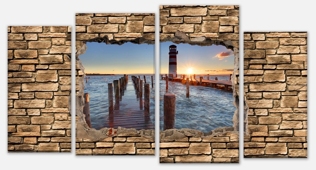 Leinwandbild Mehrteiler 3D Leuchtturm mit Pier - Steinmauer M0651