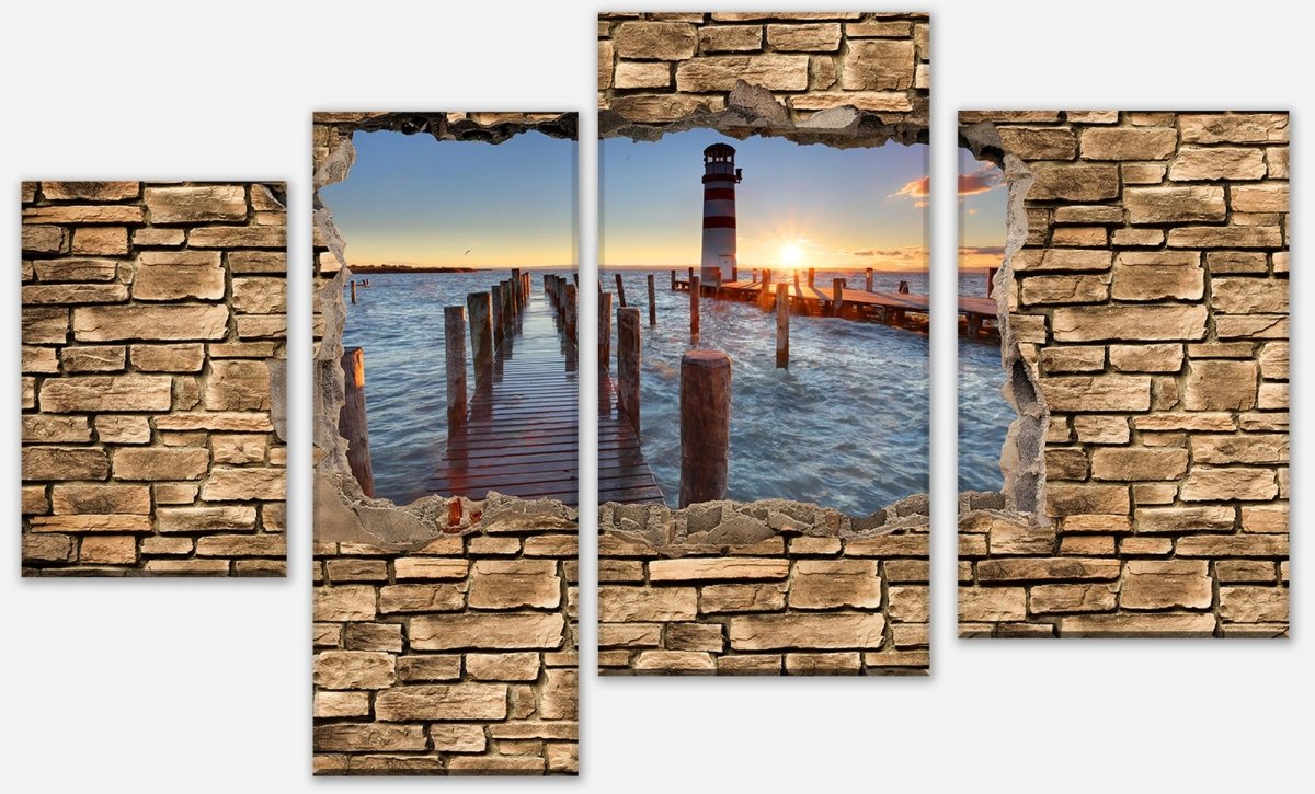 Canvas Print Multi-Piece 3D Lighthouse with Pier - Stone Wall M0651