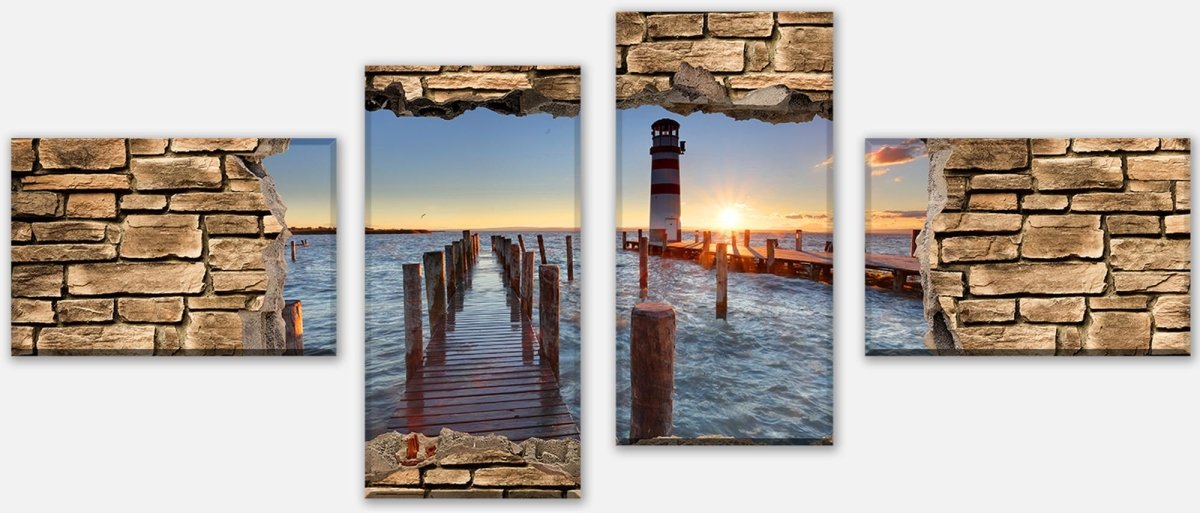 Canvas Print Multi-Piece 3D Lighthouse with Pier - Stone Wall M0651
