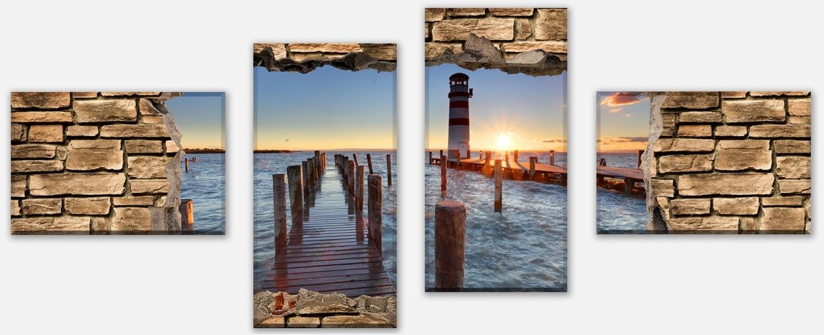 Canvas Print Multi-Piece 3D Lighthouse with Pier - Stone Wall M0651