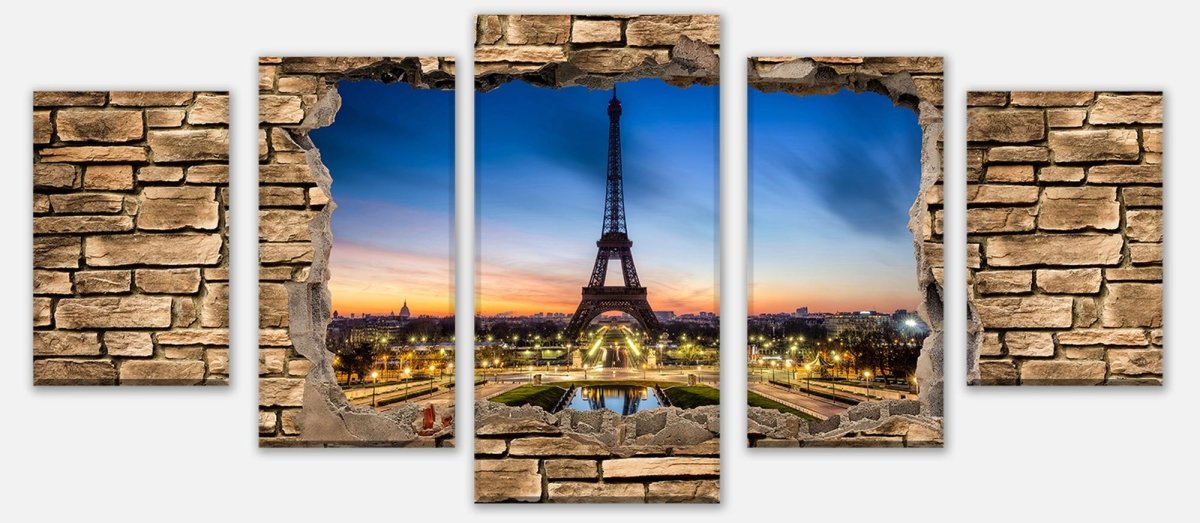 Leinwandbild Mehrteiler 3D Eiffelturm bei Nacht Frankreich - Steinmauer M0652 entdecken - Bild 1