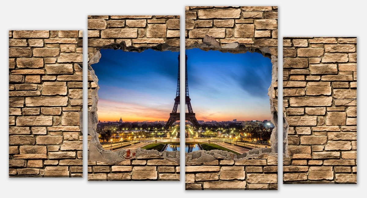 Leinwandbild Mehrteiler 3D Eiffelturm bei Nacht Frankreich - Steinmauer M0652