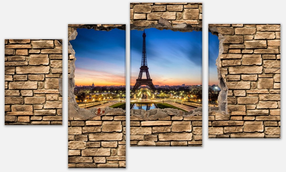 Leinwandbild Mehrteiler 3D Eiffelturm bei Nacht Frankreich - Steinmauer M0652