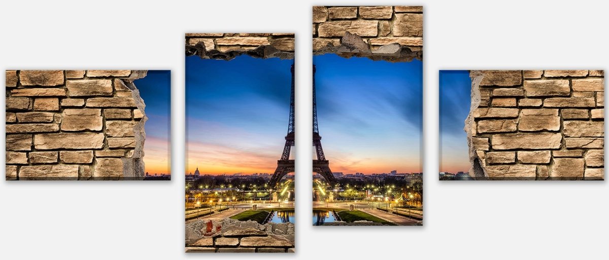 Tableau sur toile Multi-pièces 3D Tour Eiffel la nuit France - mur de pierre M0652