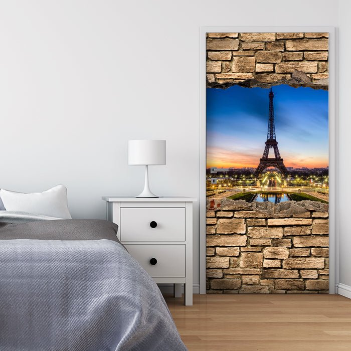 Türtapete 3D Eiffelturm bei Nacht Frankreich - Steinmauer M0652 - Bild 1