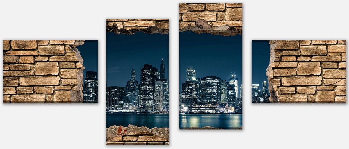 Leinwandbild Mehrteiler 3D New York City by Nacht - Steinmauer M0653