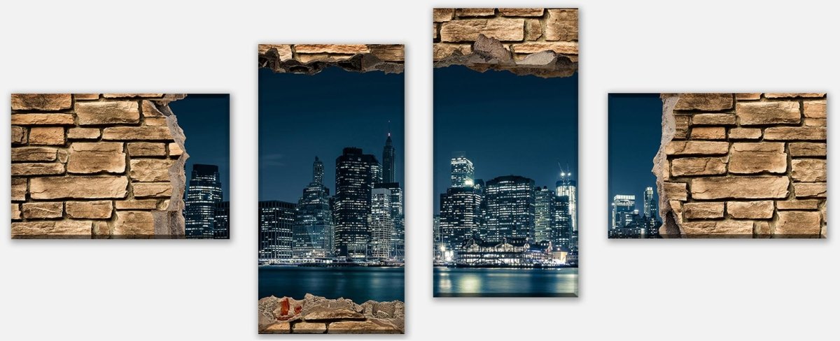 Leinwandbild Mehrteiler 3D New York City by Nacht - Steinmauer M0653