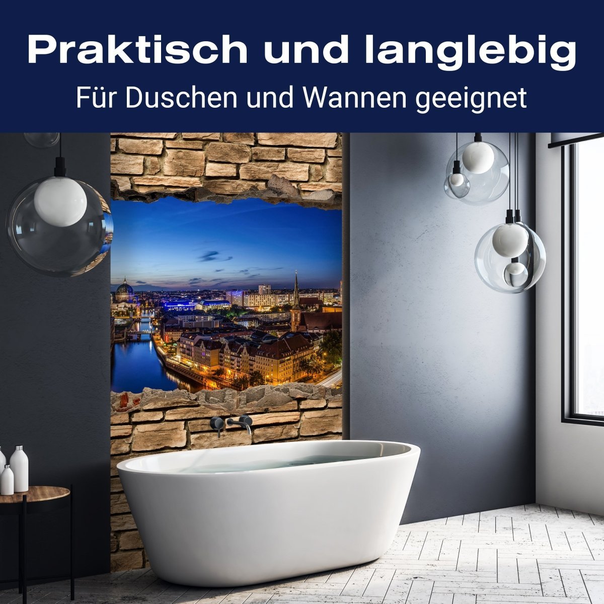 Duschwand 3D Berlin bei Nacht - Steinmauer M0654 entdecken - Bild 3