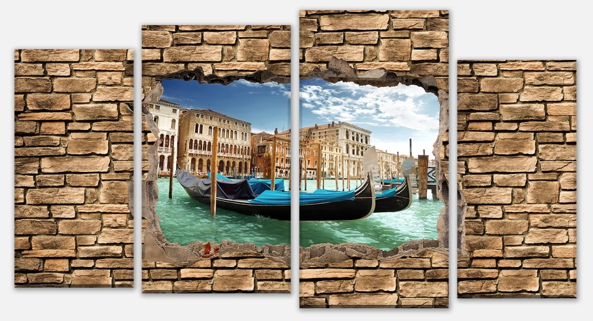 Stretched canvas print 3D gondolas Venice - stone wall M0655