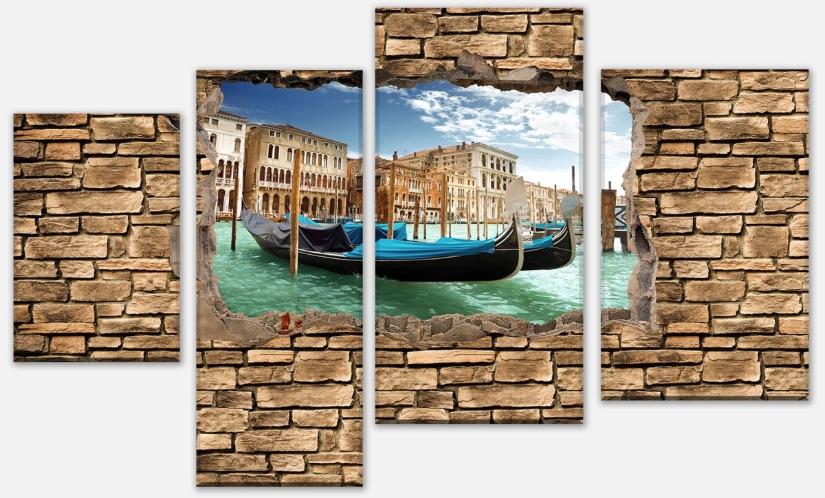 Stretched canvas print 3D gondolas Venice - stone wall M0655