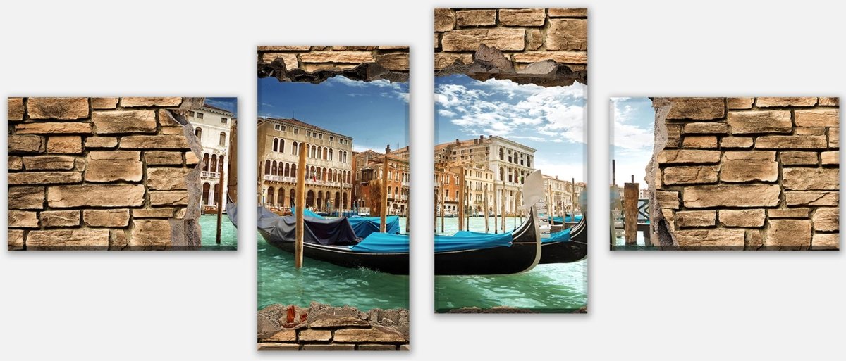 Impression sur toile 3D Gondoles Venise - mur de pierre M0655