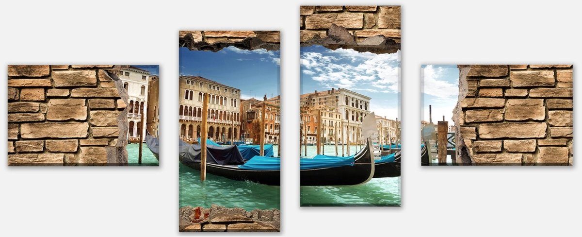 Impression sur toile 3D Gondoles Venise - mur de pierre M0655