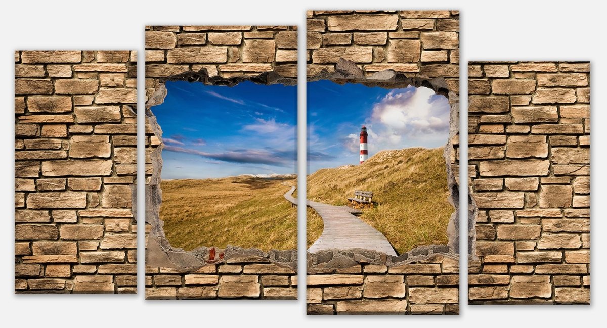 Tableau sur toile 3D phare avec chemin en bois - mur de pierre M0657