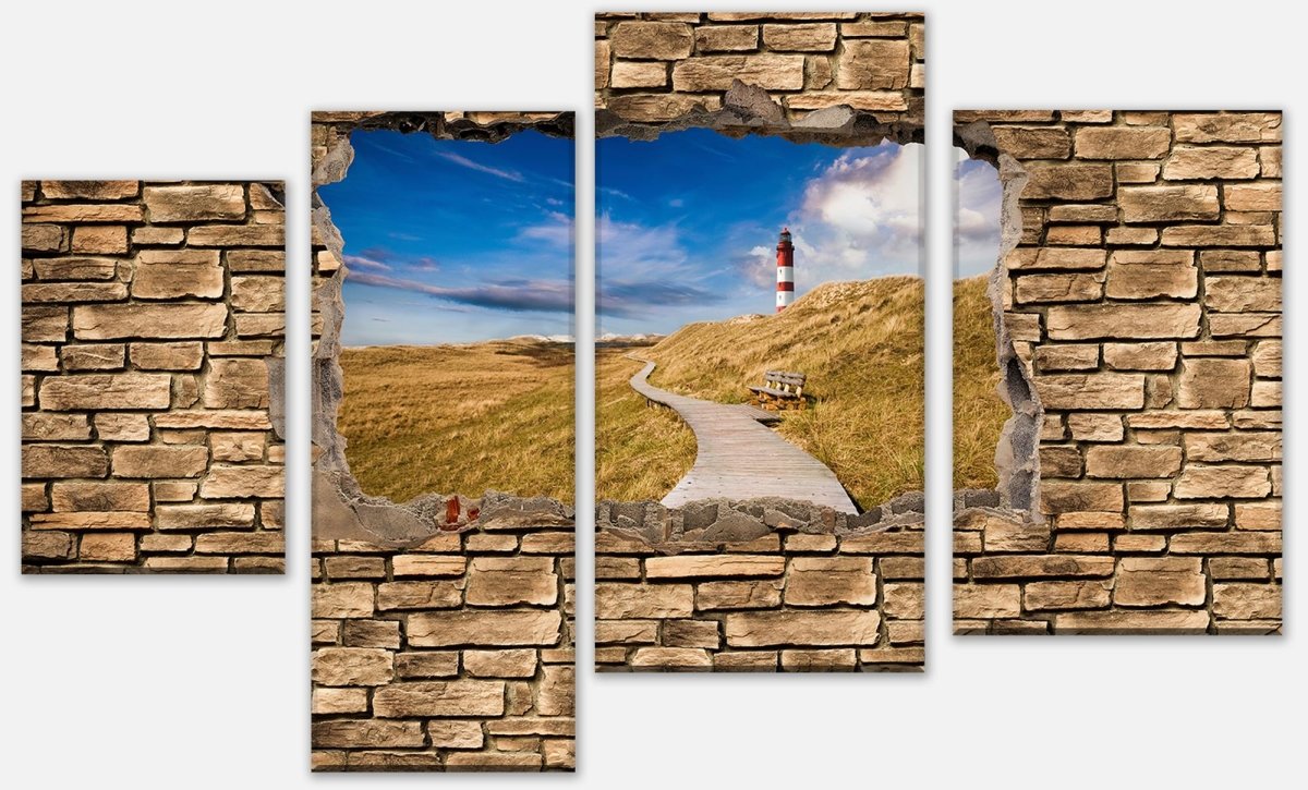 Tableau sur toile 3D phare avec chemin en bois - mur de pierre M0657