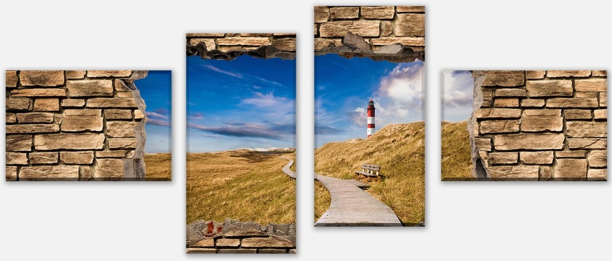 Tableau sur toile 3D phare avec chemin en bois - mur de pierre M0657