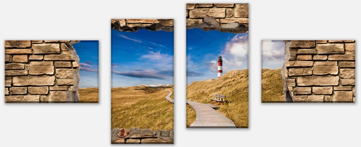 Tableau sur toile 3D phare avec chemin en bois - mur de pierre M0657