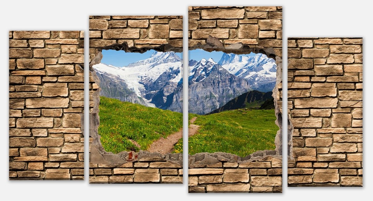 Leinwandbild Mehrteiler 3D Sommerwiese in den Alpen - Steinmauer M0658