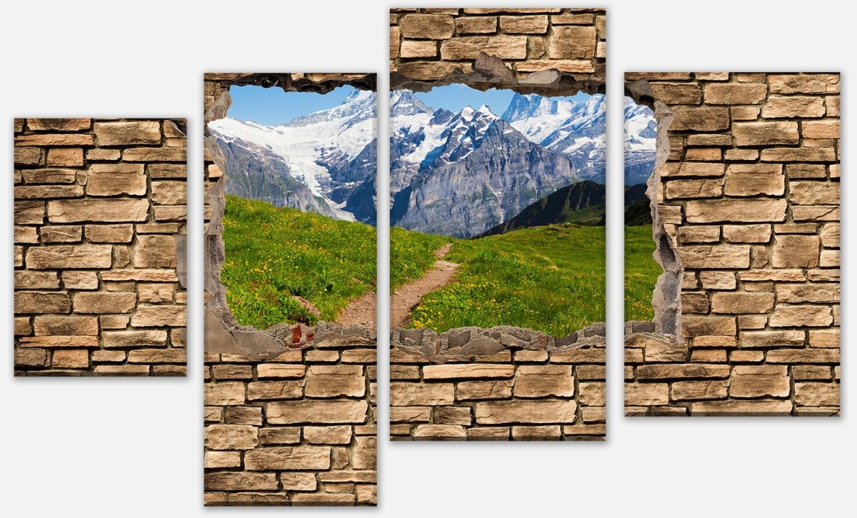 Leinwandbild Mehrteiler 3D Sommerwiese in den Alpen - Steinmauer M0658
