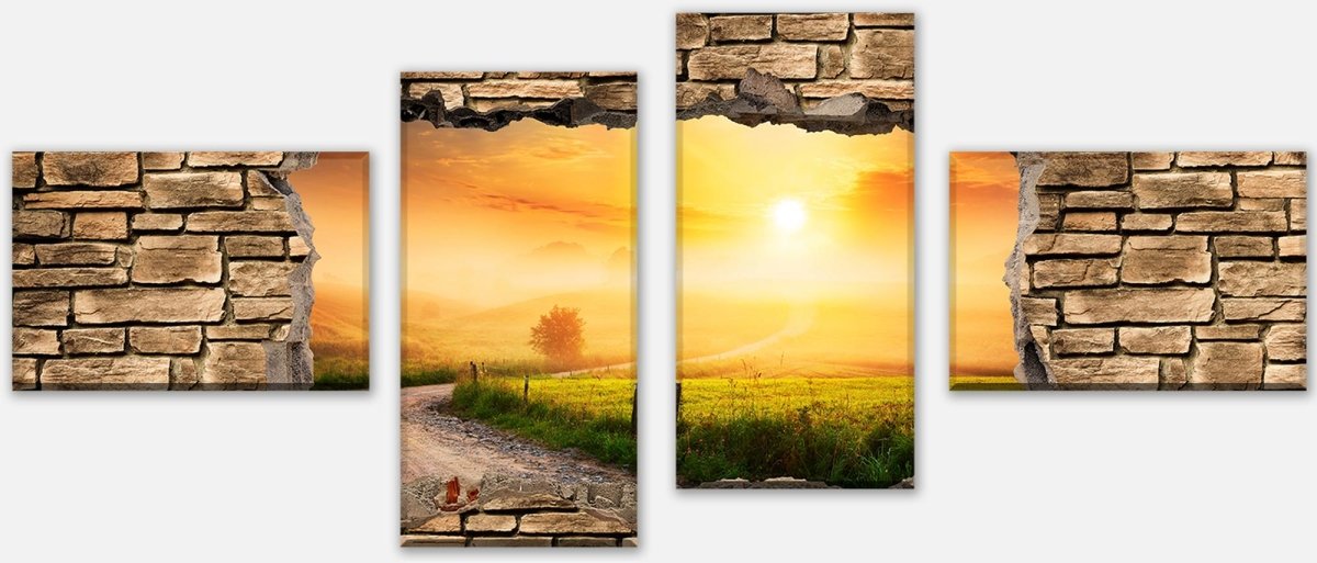 Stretched canvas print 3D Path in the morning mist - stone wall M0660
