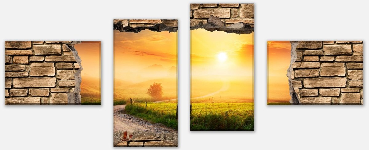 Stretched canvas print 3D Path in the morning mist - stone wall M0660