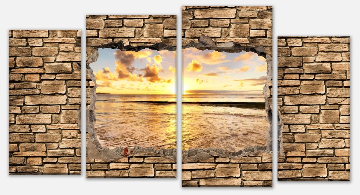 Tableau sur toile Multi-pièces 3D Coucher de soleil sur la mer - Mur de pierre M0662