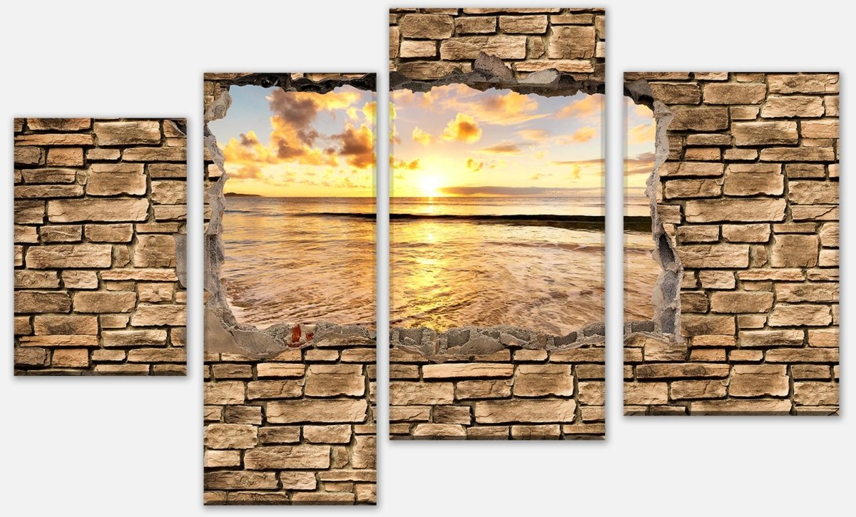 Leinwandbild Mehrteiler 3D Sonnenuntergang am Meer - Steinmauer M0662