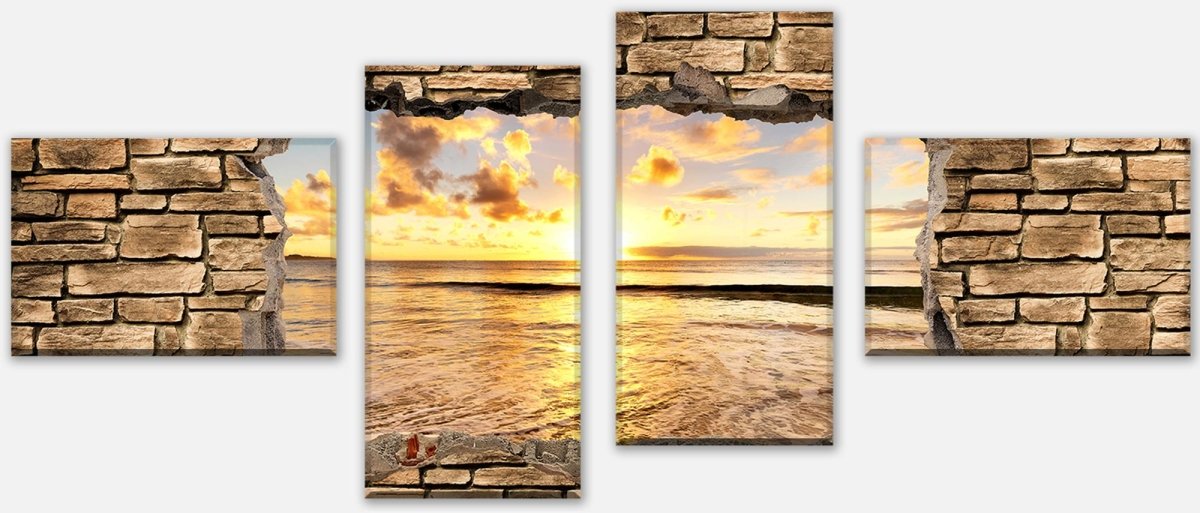 Tableau sur toile Multi-pièces 3D Coucher de soleil sur la mer - Mur de pierre M0662