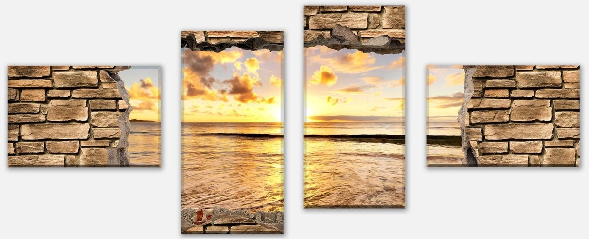 Leinwandbild Mehrteiler 3D Sonnenuntergang am Meer - Steinmauer M0662