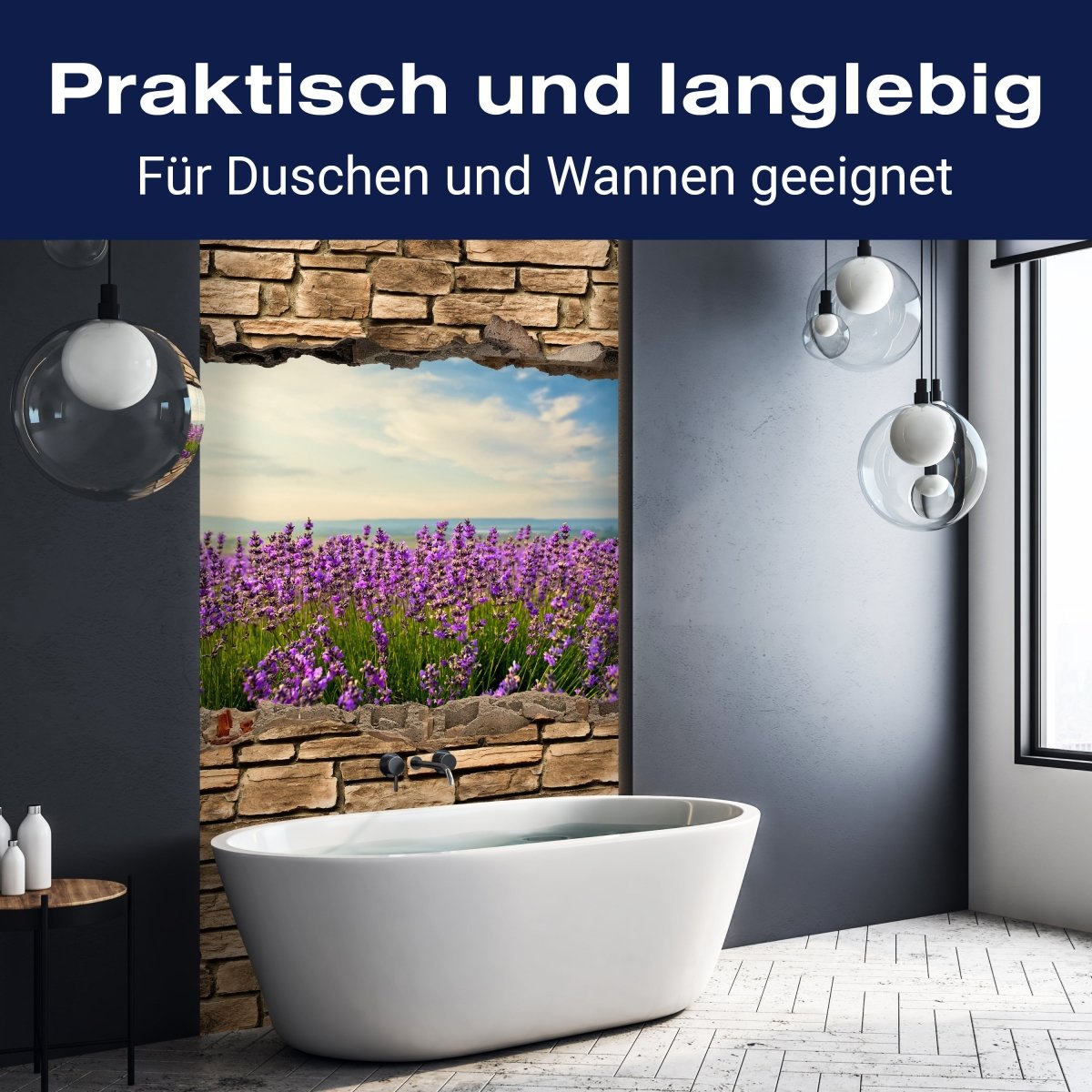 Duschwand 3D Lavendelfeld am Meer - Steinmauer M0663 entdecken - Bild 3