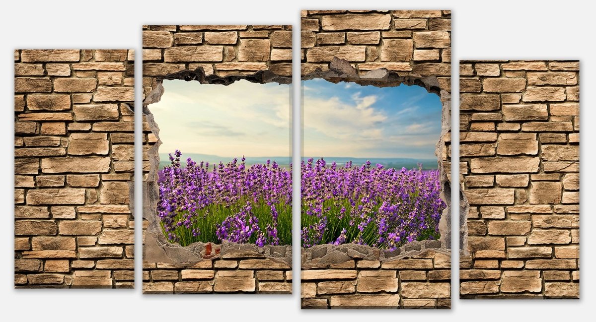 Leinwandbild Mehrteiler 3D Lavendelfeld am Meer - Steinmauer M0663