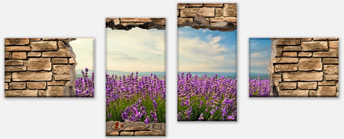 Canvas print Multi-Piece 3D lavender field by the sea - stone wall M0663