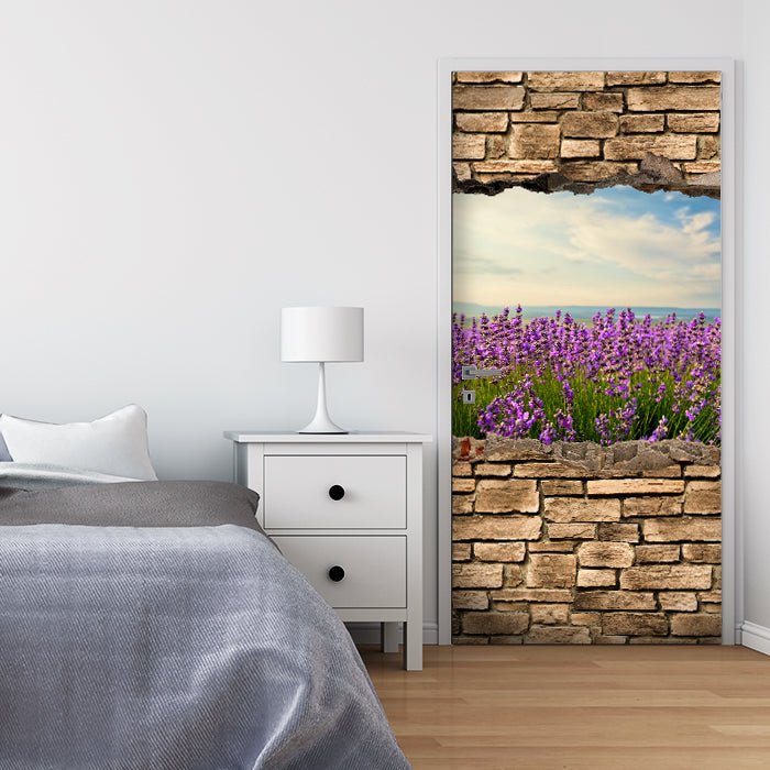 Türtapete 3D Lavendelfeld am Meer - Steinmauer M0663 - Bild 1