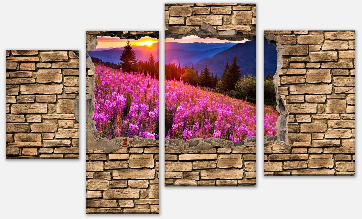 Stretched canvas print 3D autumn in the mountains - stone wall M0666