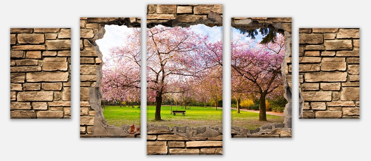 Leinwandbild Mehrteiler 3D Sakura Blumen blühen - Steinmauer M0667 entdecken - Bild 1