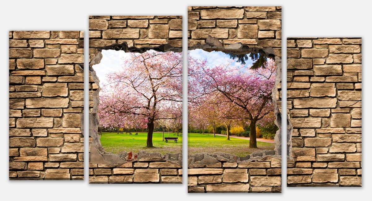 Canvas Print Multi-Piece 3D Sakura Flowers Blossom - Stone Wall M0667