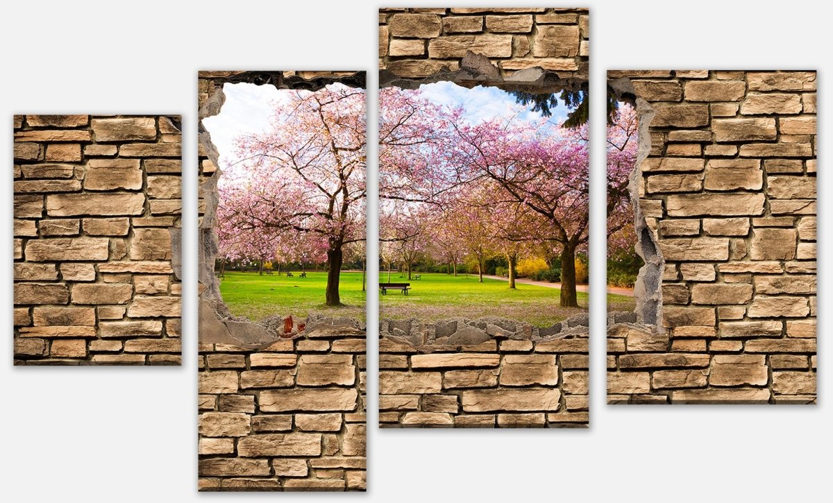 Leinwandbild Mehrteiler 3D Sakura Blumen blühen - Steinmauer M0667