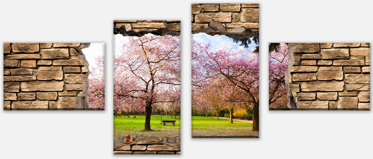 Leinwandbild Mehrteiler 3D Sakura Blumen blühen - Steinmauer M0667