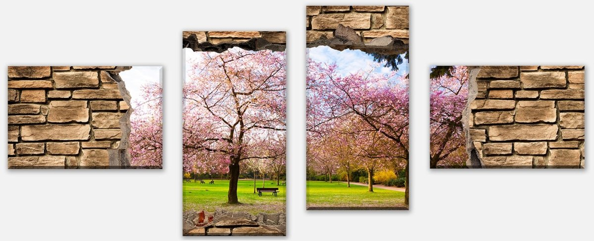 Canvas Print Multi-Piece 3D Sakura Flowers Blossom - Stone Wall M0667