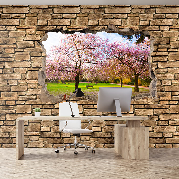 Fototapete 3D Sakura Blumen blühen - Steinmauer M0667 - Bild 1